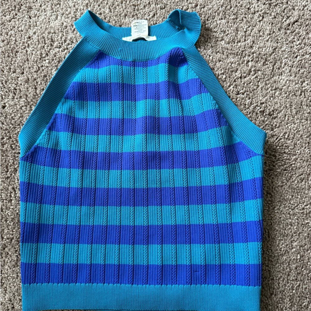 Blue Striped Sleeveless Knit Top. Halter top style.